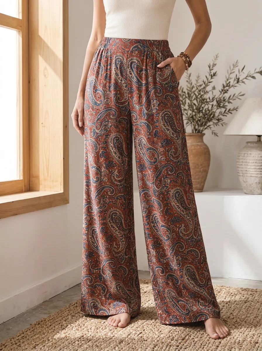 Women's Modern Boho Style Paisley Pattern Printed Wide Leg Pants