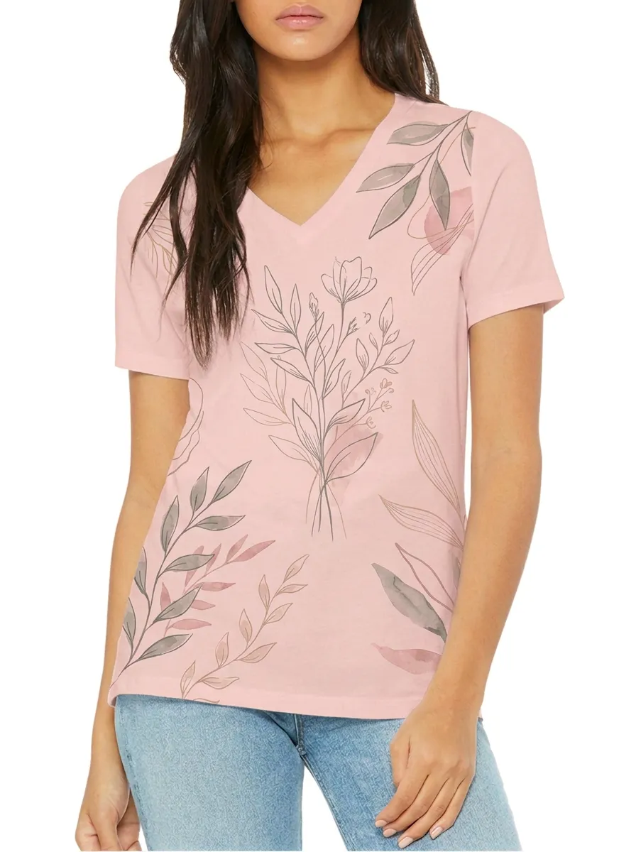 Women's Botanical Nature Lover Watercolor Floral Printed V-neck T-shirt