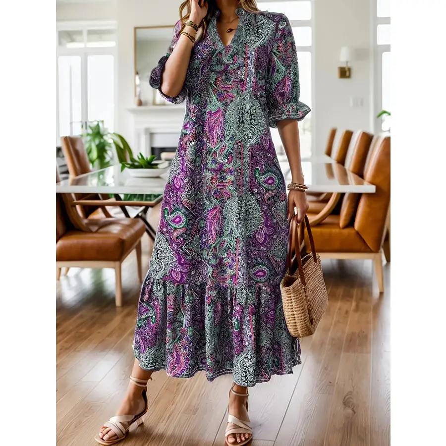 Full Size Bohemian Paisley Ruffle Hem Midi Dress Plus Size