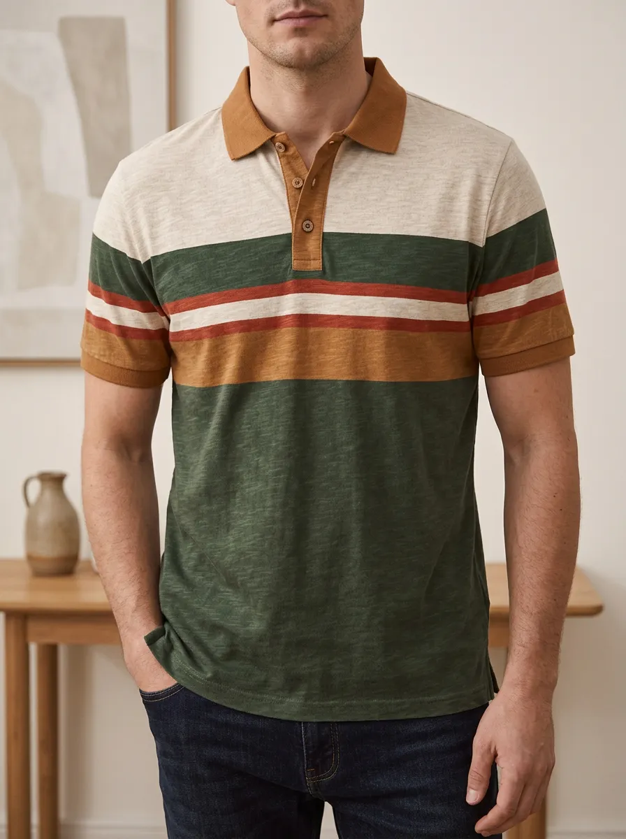 Men's Vintage Style Earth Tone Striped Printed Polo Shirt