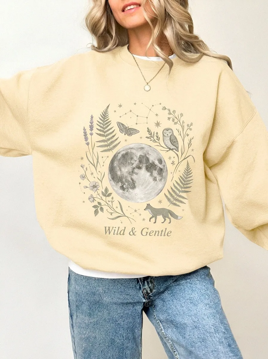 Women's Nature Lover Moon Fox Owl Printed Sweatshirt