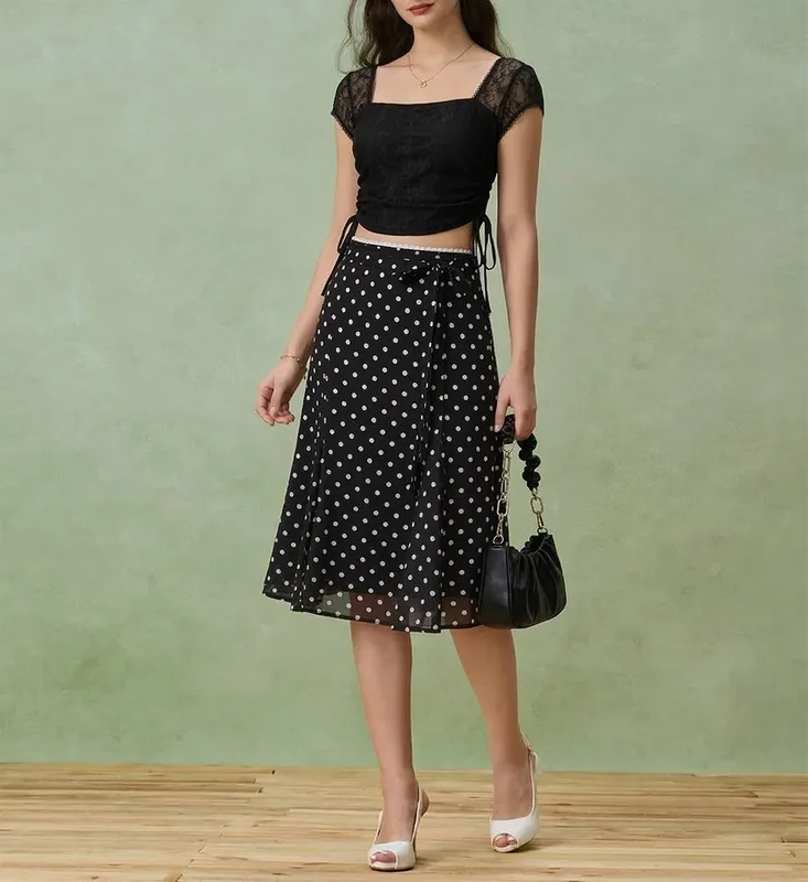 Black Polka Dot Mermaid Midi Skirt