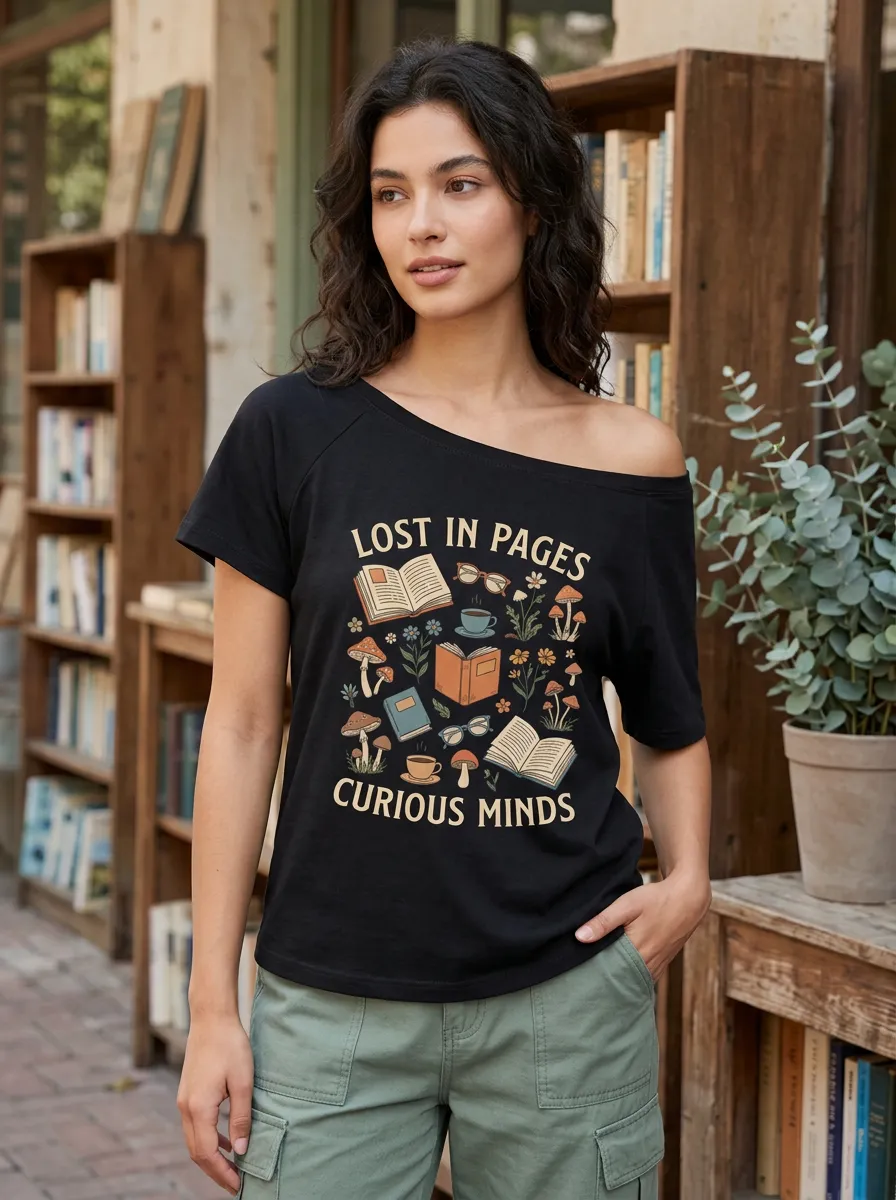 Women's Book Lover Mushroom Floral Printed Off-Shoulder T-shirt