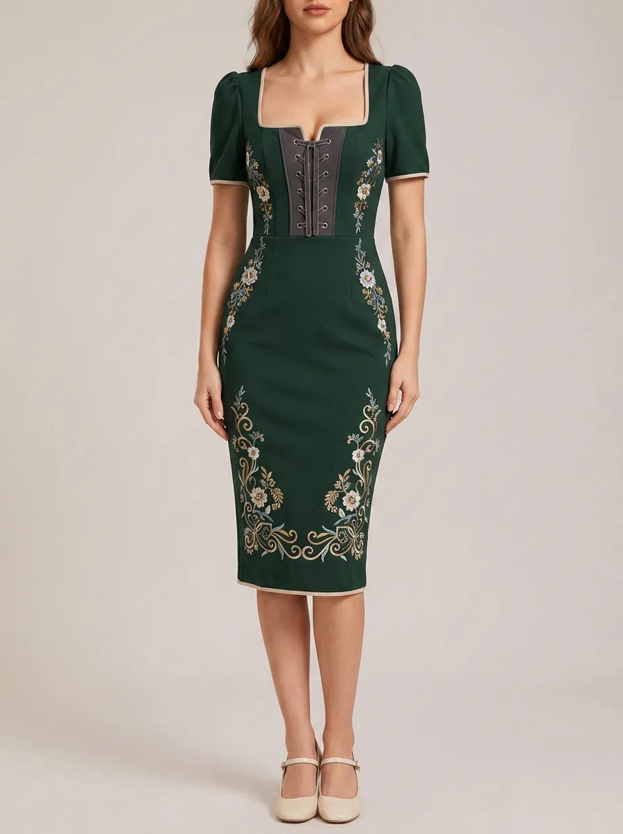 Women's Floral Embroidery Traditional Fitted Dress