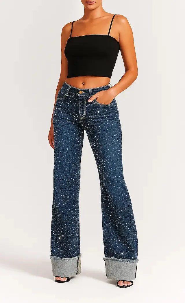 Low Rise Rhinestone Detail Wide Leg Cuffed Vintage Style Denim Jeans