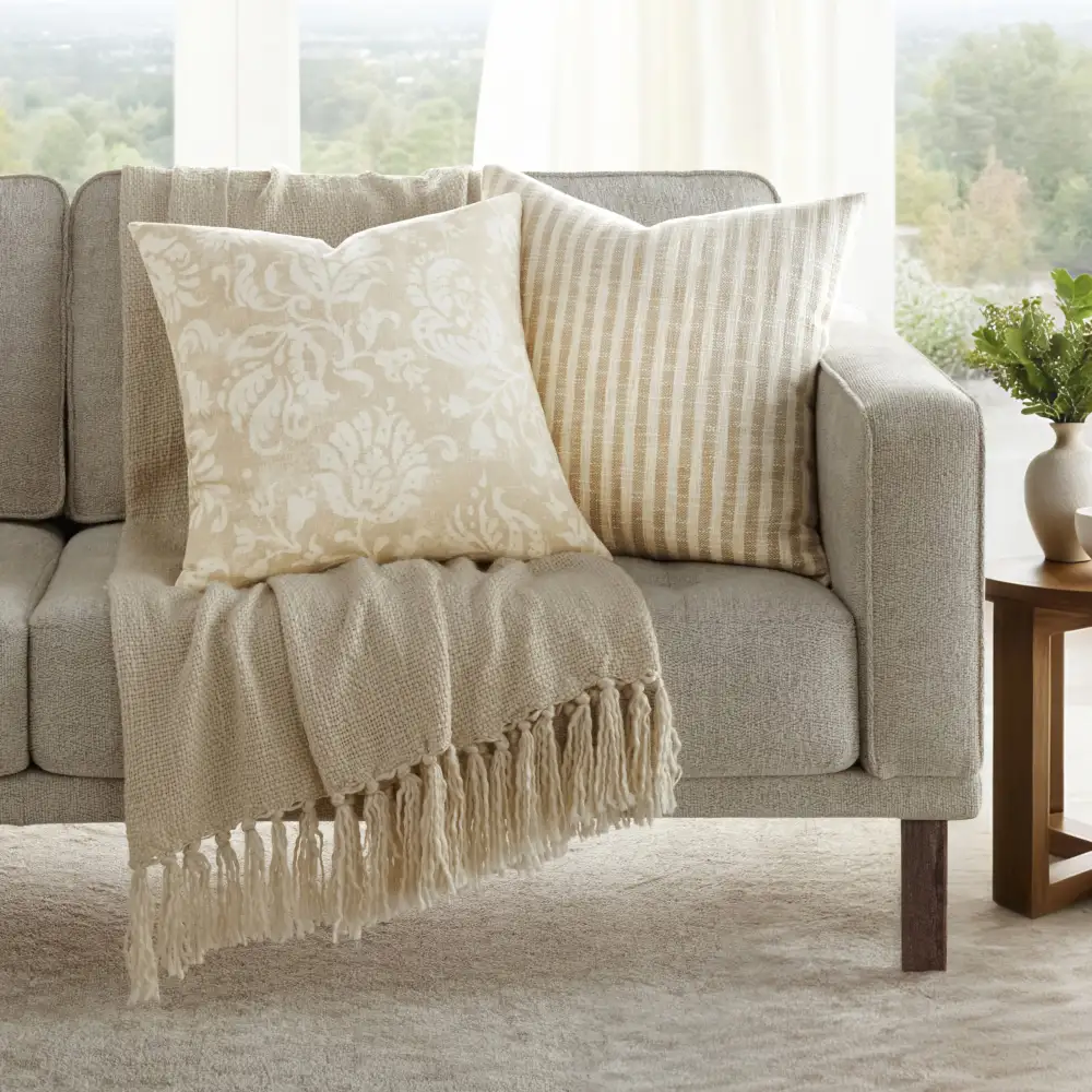 Yarn Dyed Bengal Stripe Distressed Floral  Throw Pillows