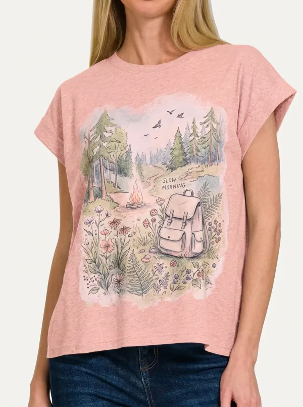 Women's Camping Hiking Lover Slow Morning Forest Printed T-shirt