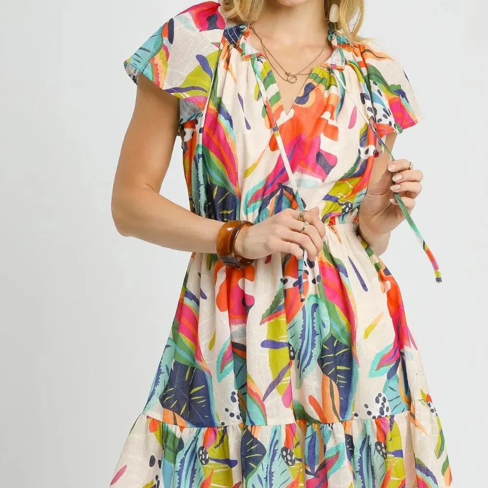 Printed Tie Neck Ruffled Hem Dress