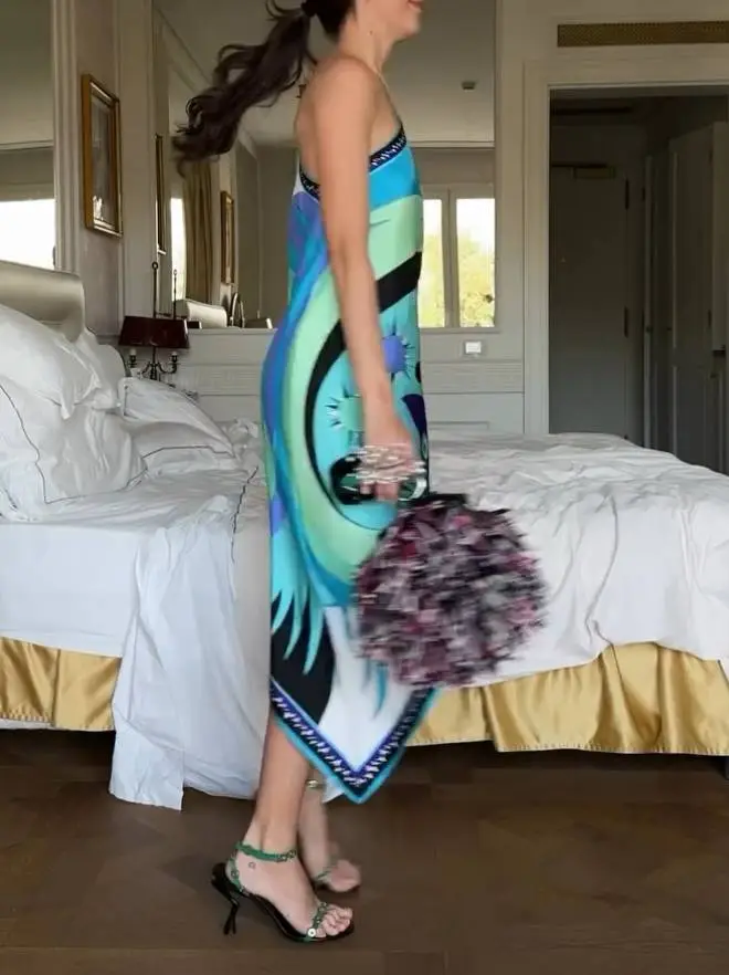 One Shoulder Irregular Print Midi Dress