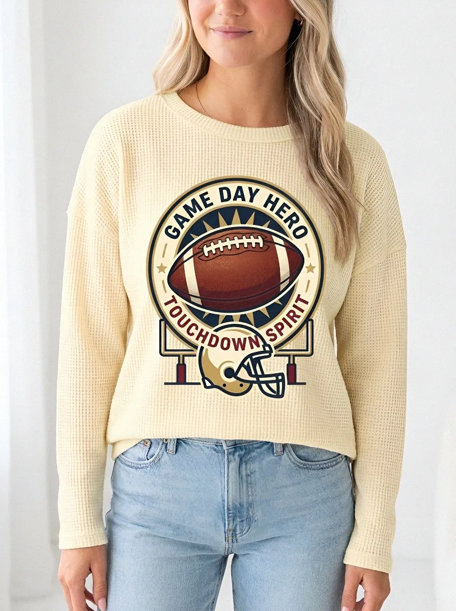 Women's Football Fan Game Day Hero Touchdown Printed Waffle T-Shirt
