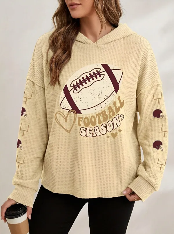 Women's Football Season Heart Helmet Printed Waffle Hoodie