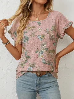 Floral Tropical Ruffle-Sleeve Women's Loose Printed Blouse