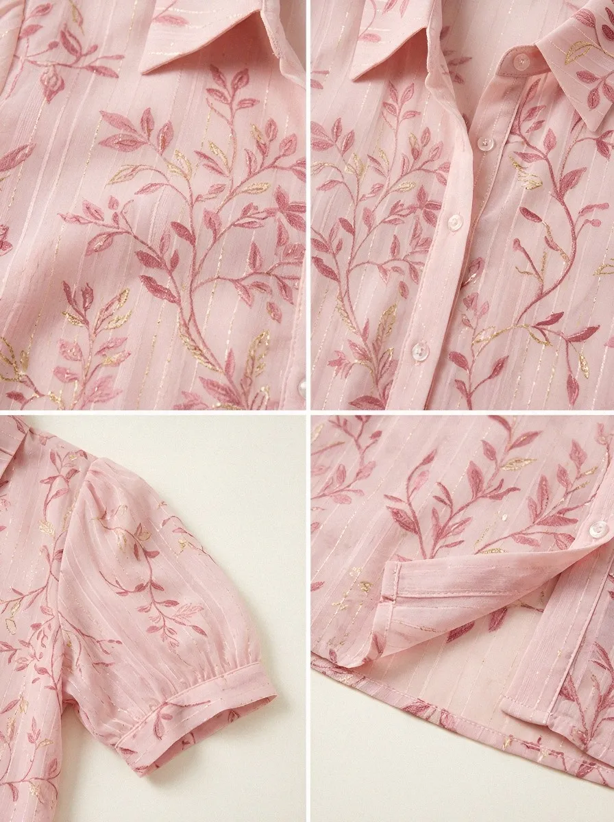 Women's Breast Cancer Awareness Pink Floral Vine Printed Button-Down Shirt