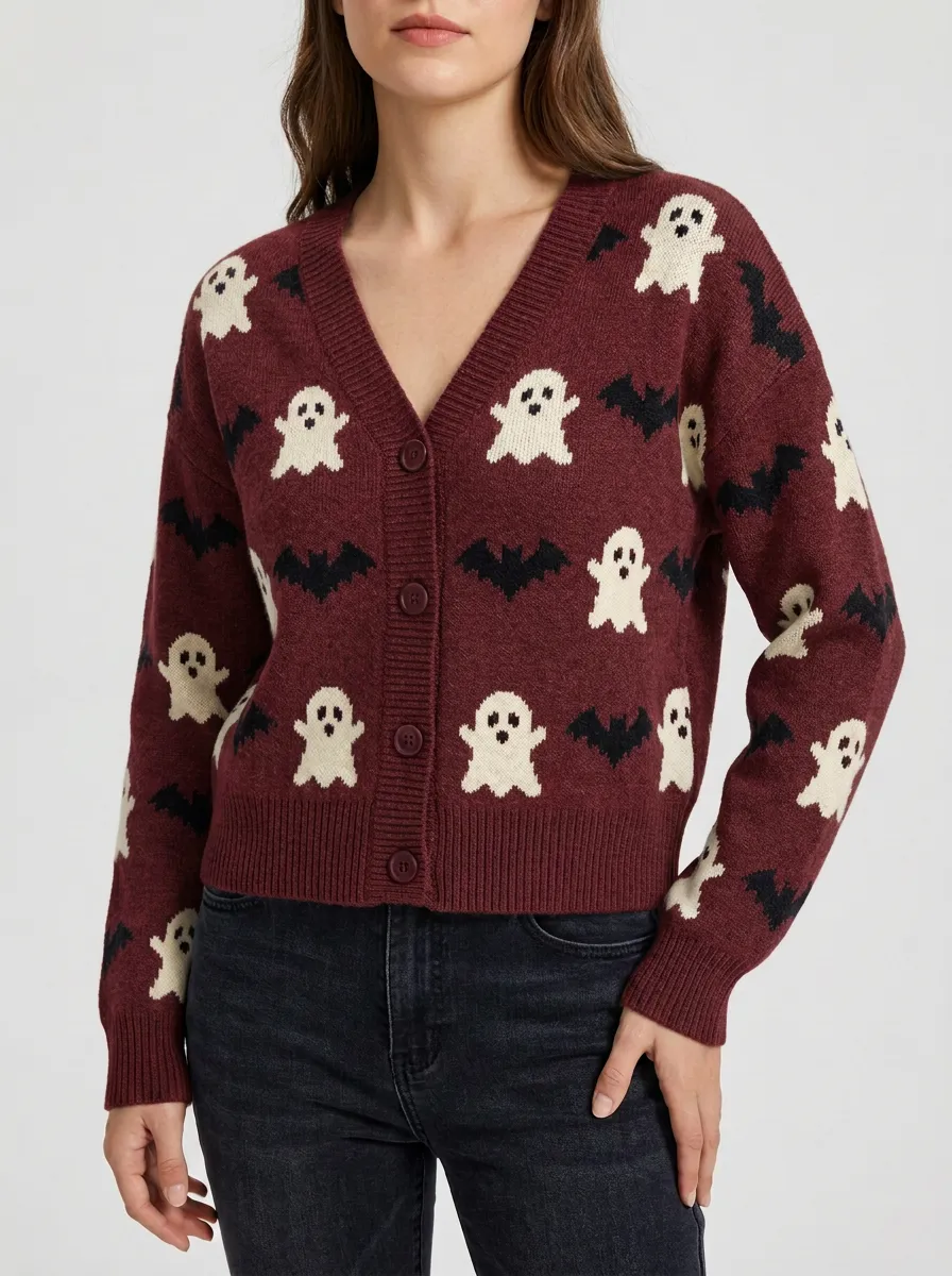Women's Halloween Ghost Bat Pattern Knitted Cardigan