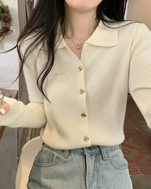 Polyester-Blend Button-Front Polo-Collar Relaxed-Fit Cardigan