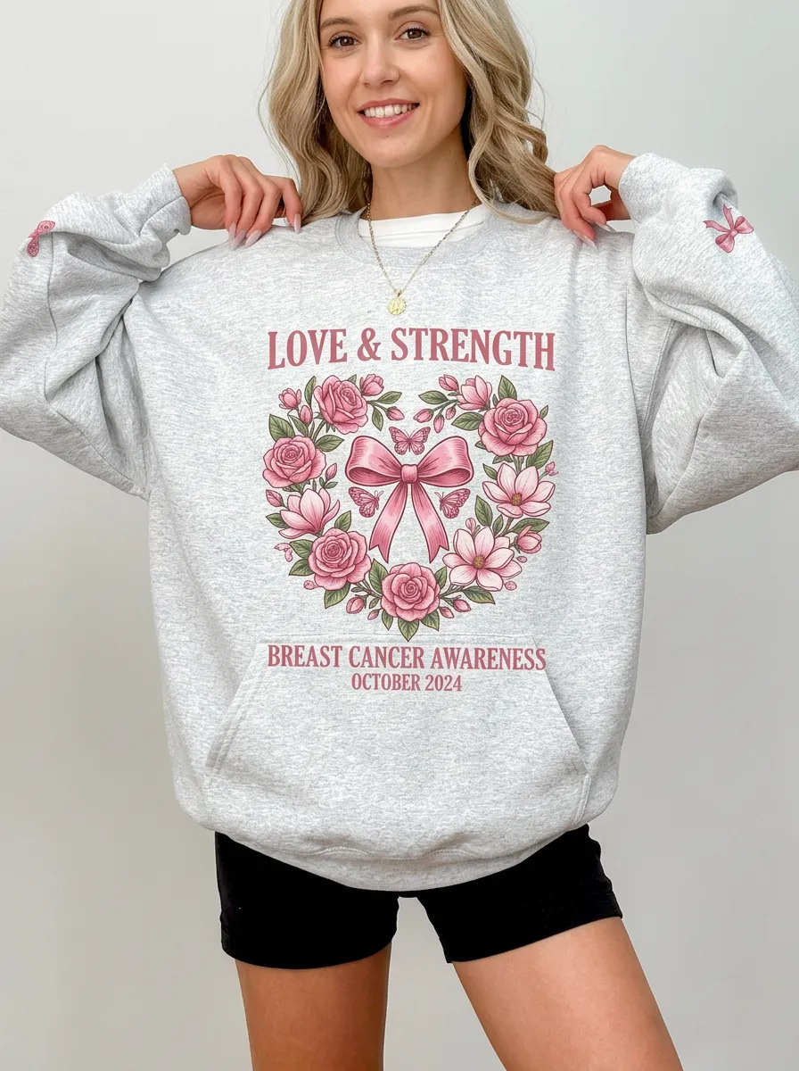 Women's Breast Cancer Awareness Floral Heart Ribbon Printed Sweatshirt