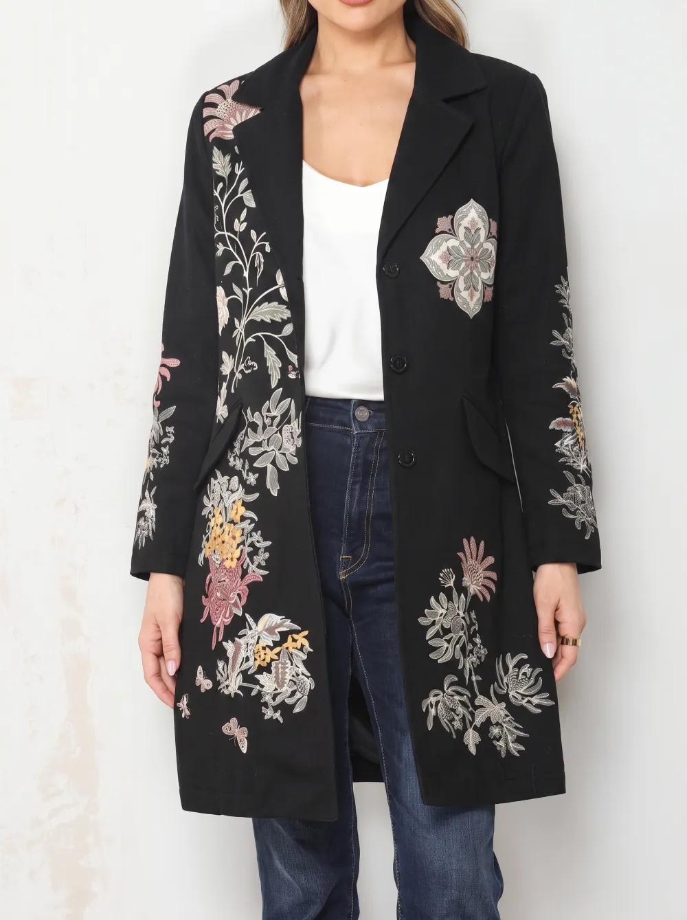 Women's Three Button Vintage Floral Embroidery Long Coat