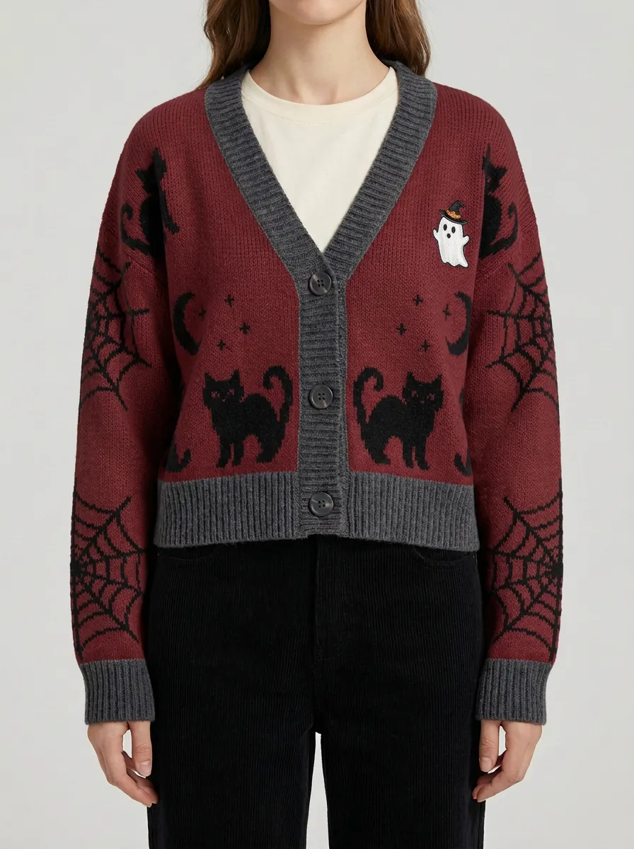 Women's Halloween Ghost Cat Spiderweb Pattern Cardigan