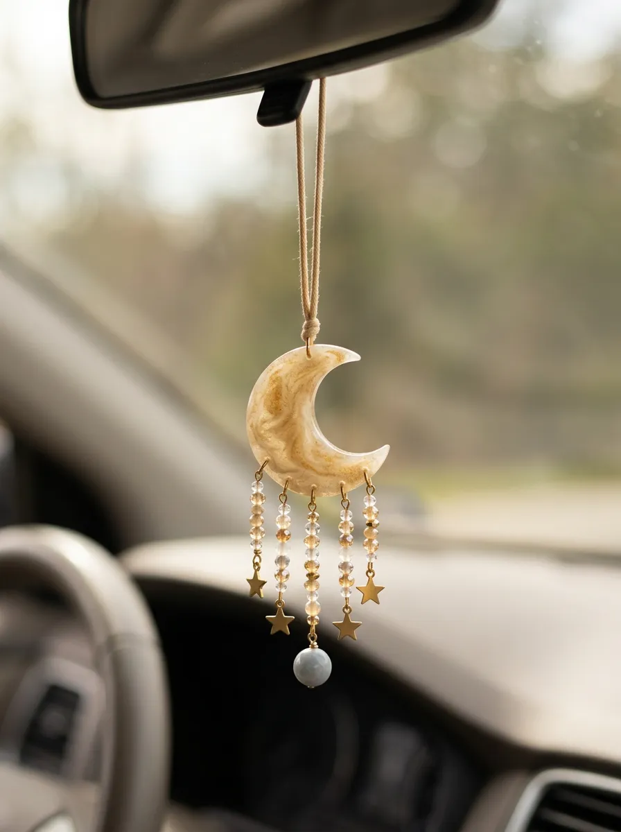 Beaded Moon-Star Rearview Mirror Hanging Ornament
