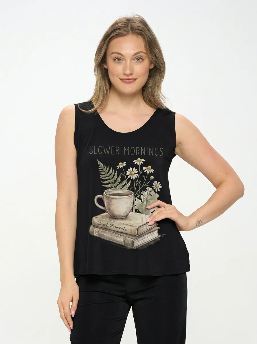 Women's Coffee Book Lover Daisy Floral Printed Tank Top