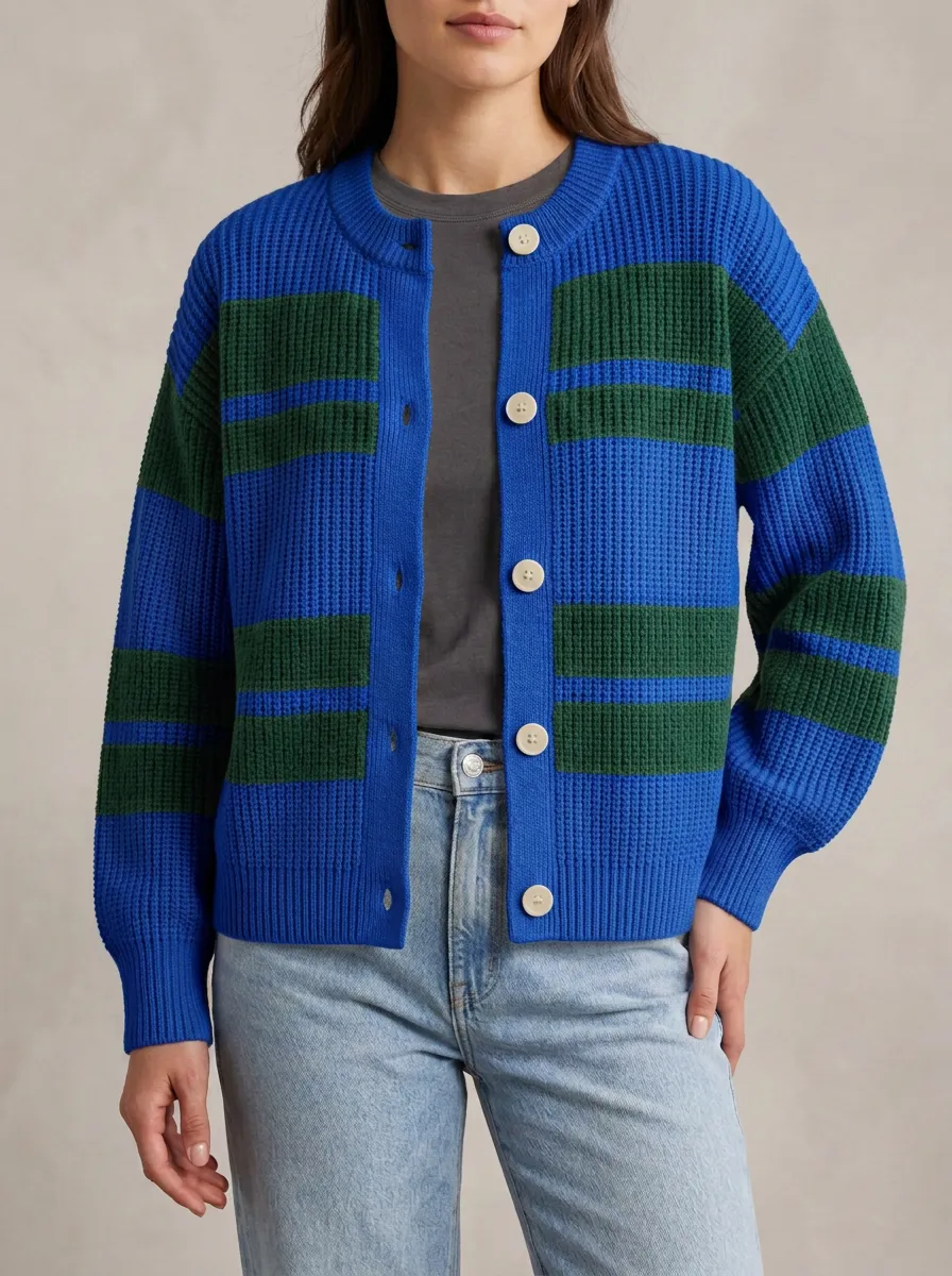 Relaxed Cardigan Distinctive Rugby Striped Knit Cardigan