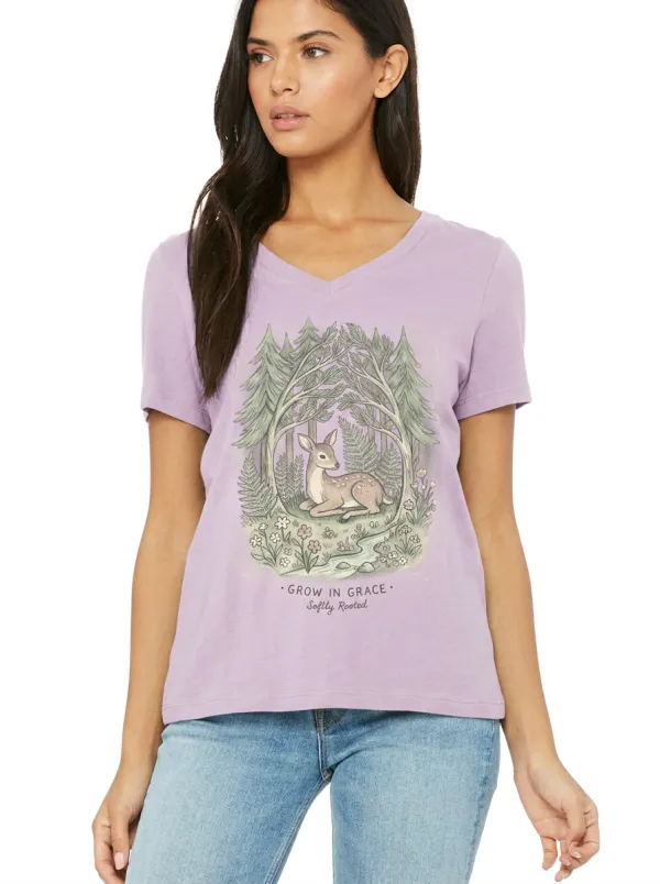 Women's Nature Lover Forest Deer Grow In Grace Printed V-Neck T-Shirt