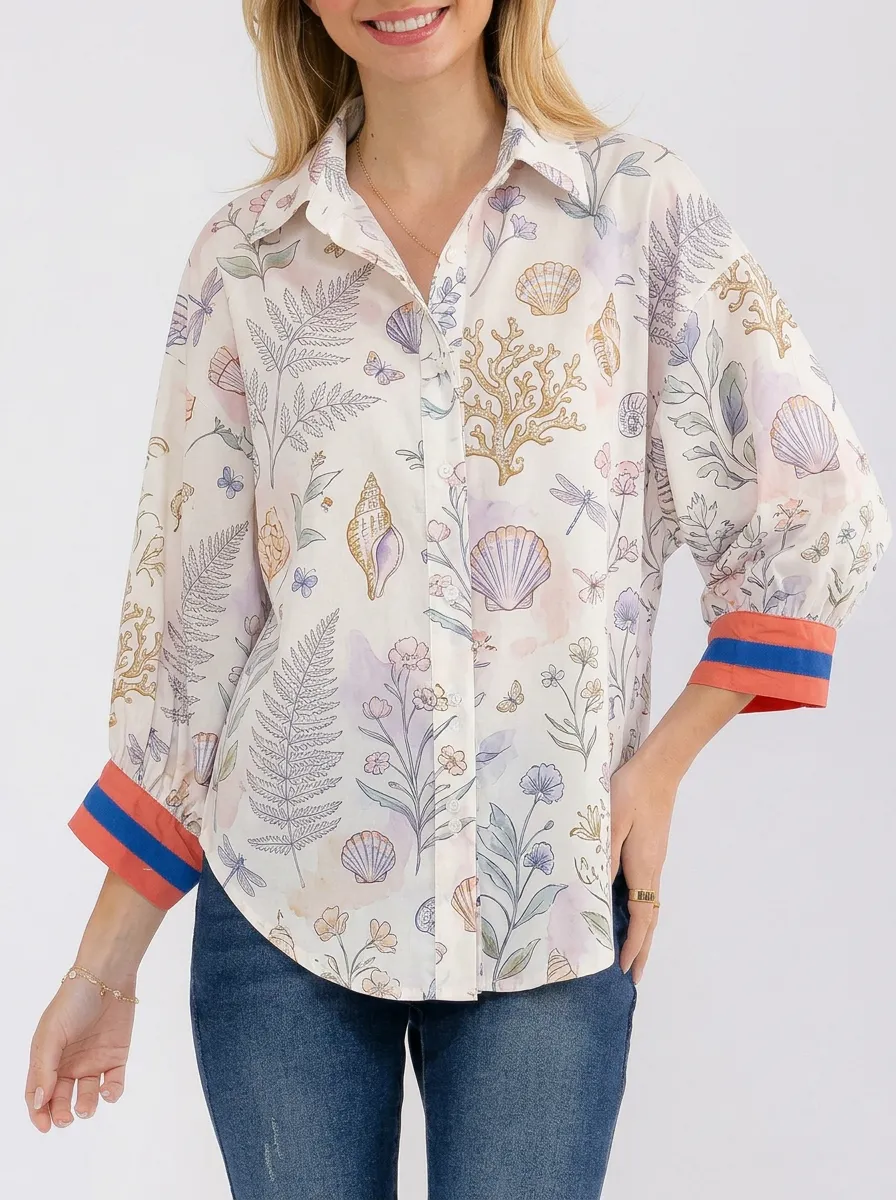 Women's Coastal Beach Shell Fern Printed Button-Down Shirt