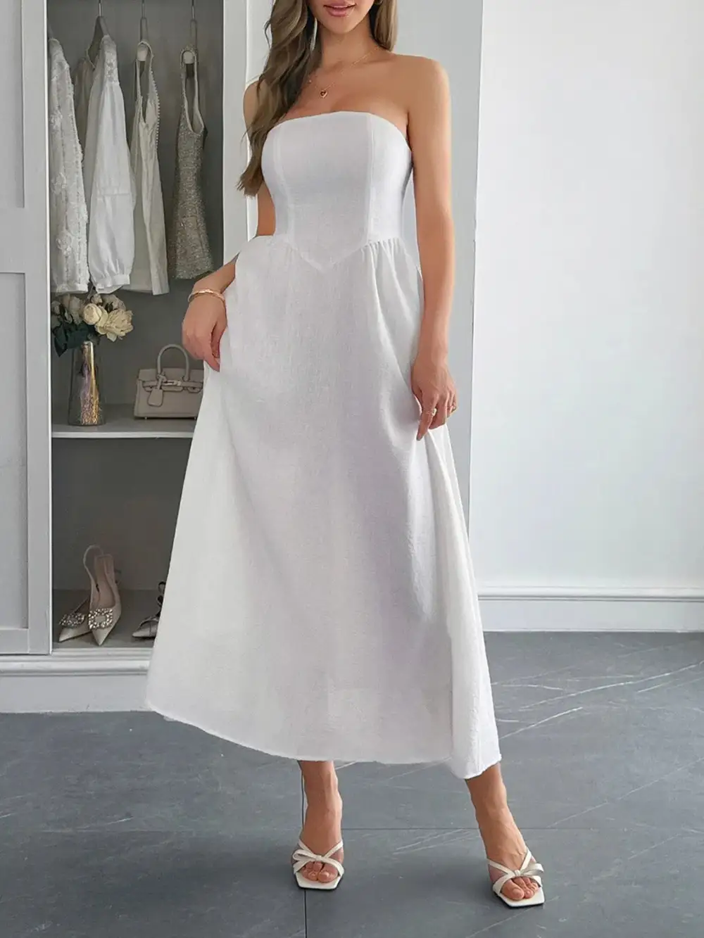Strapless A-Line Midi Dress With Pockets