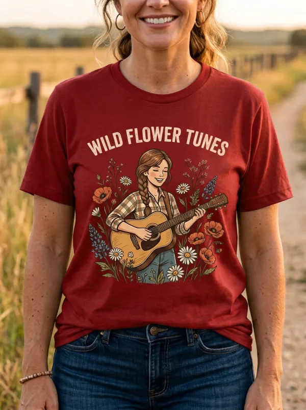 Rustic Guitar Wildflower Country Music Crewneck T-Shirt