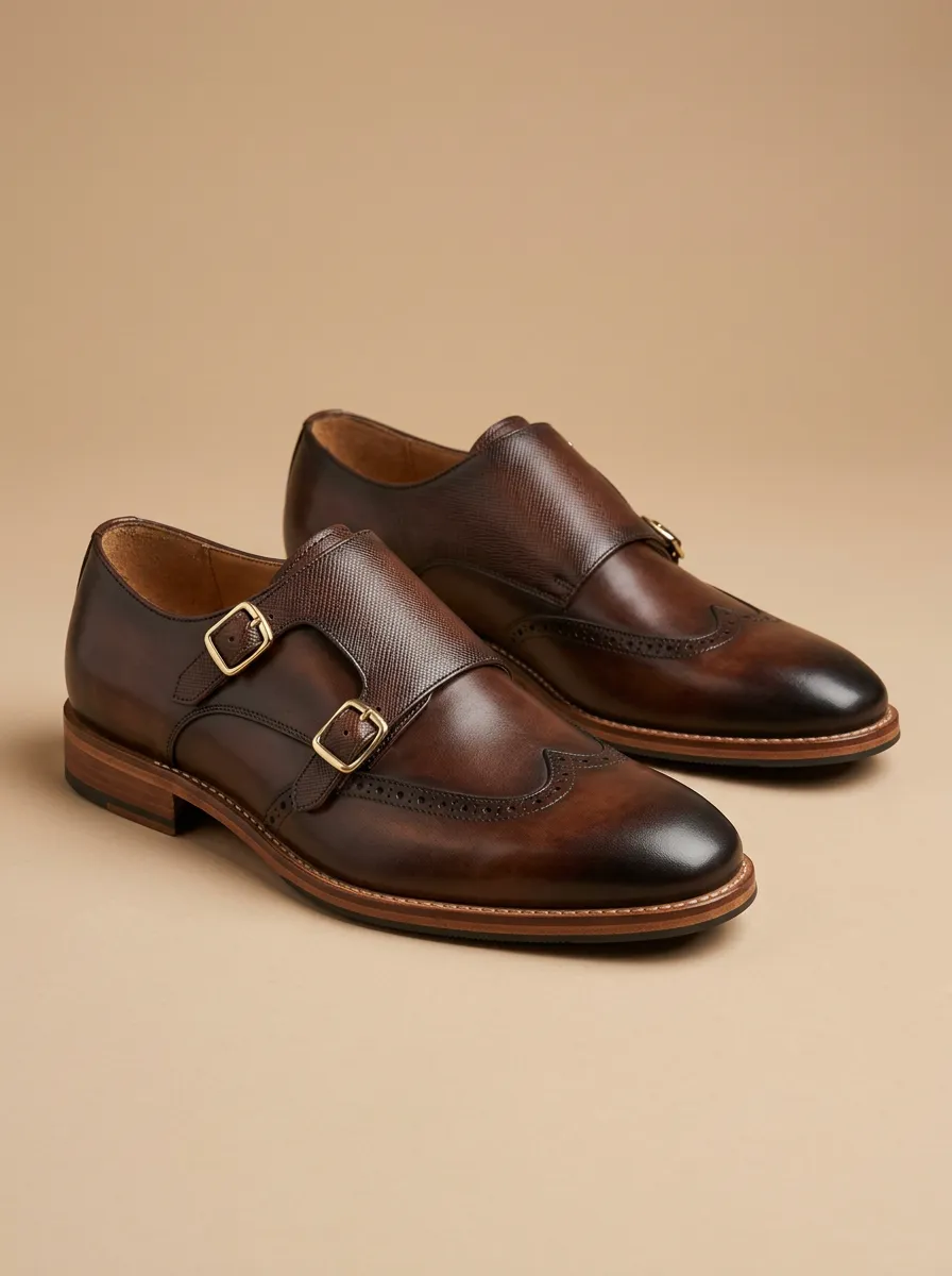 Men's Business Formal Leather Double Monk Strap Brogue Shoes