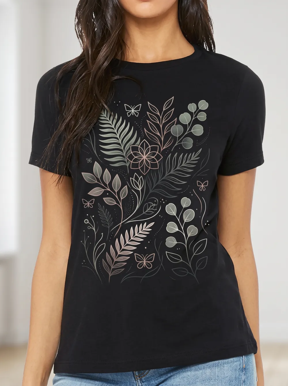 Women's Botanical Nature Lover Butterfly Floral Printed T-shirt