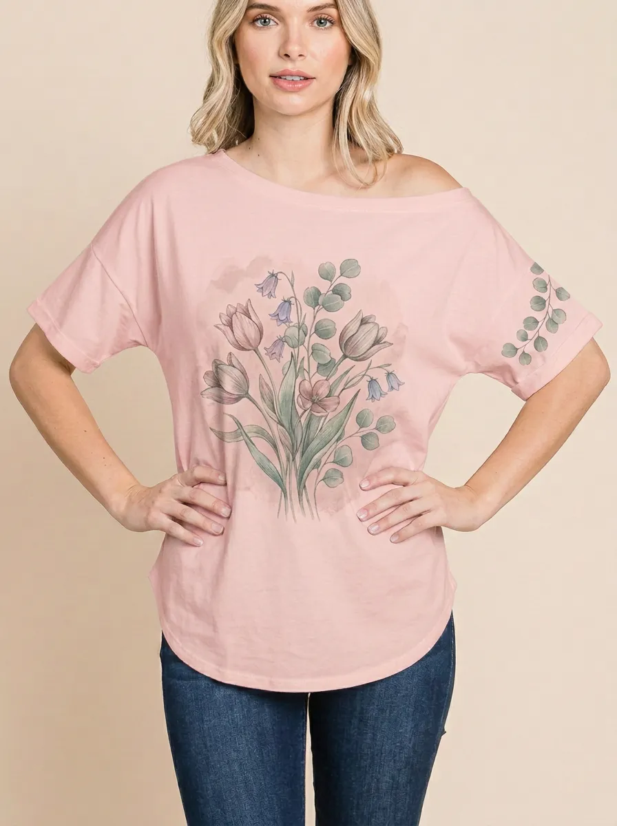 Women's Botanical Floral Tulip Eucalyptus Printed T-shirt