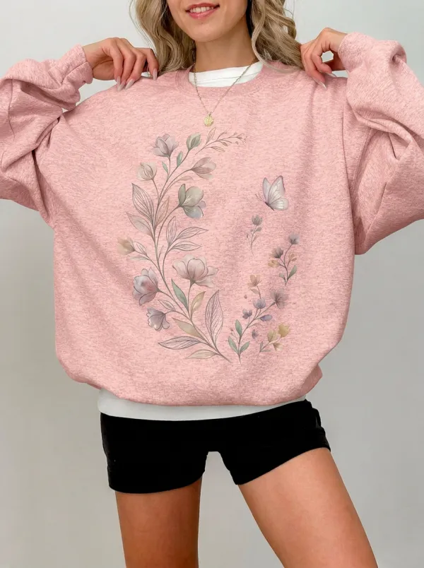 Women's Floral Butterfly Nature Lover Watercolor Printed Sweatshirt
