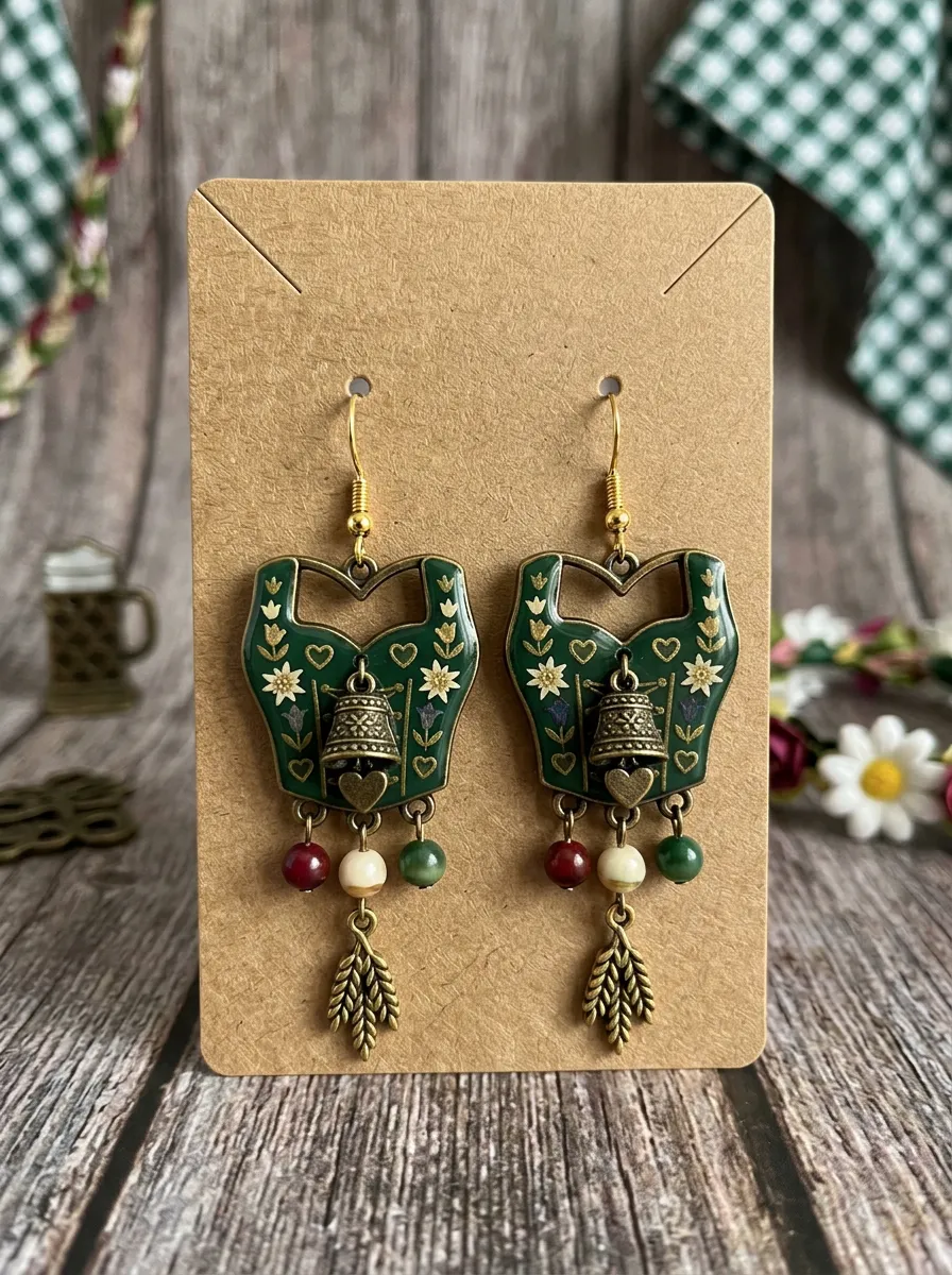 Heart Dirndl Bell Wheat Women's Bavarian Oktoberfest Dangle Earrings