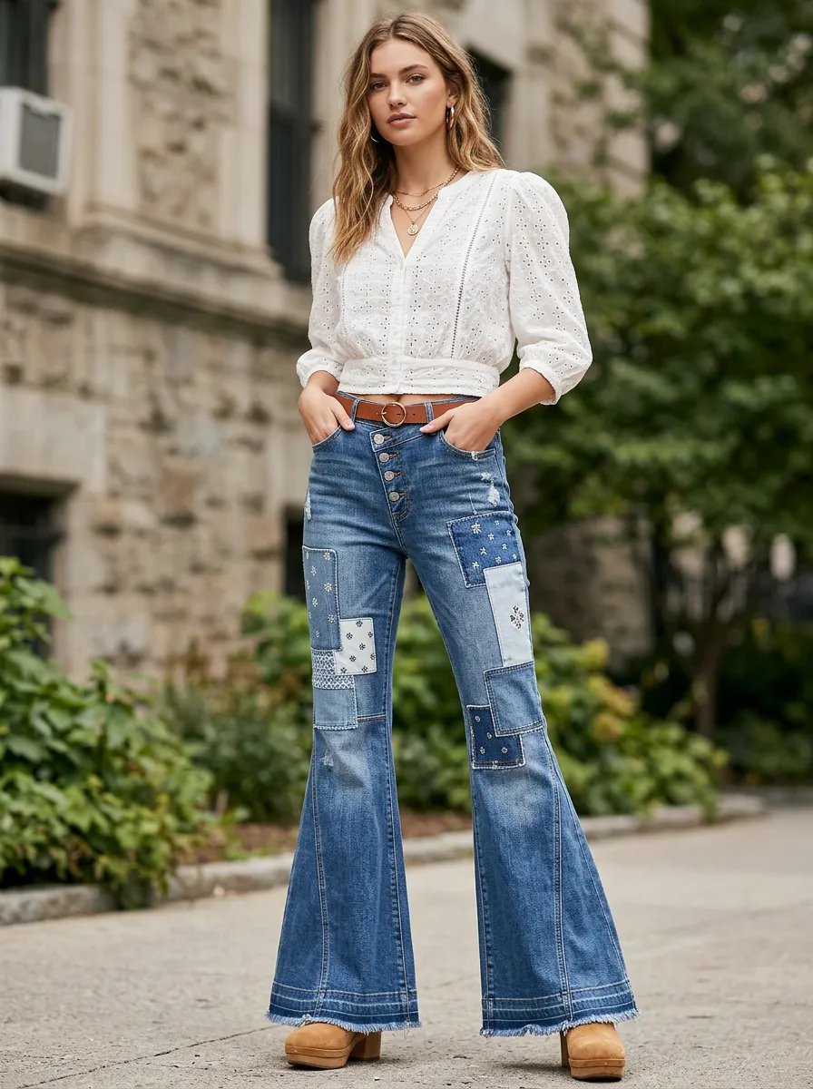 Women's Vintage Style Patchwork Pattern Printed Flare Jeans