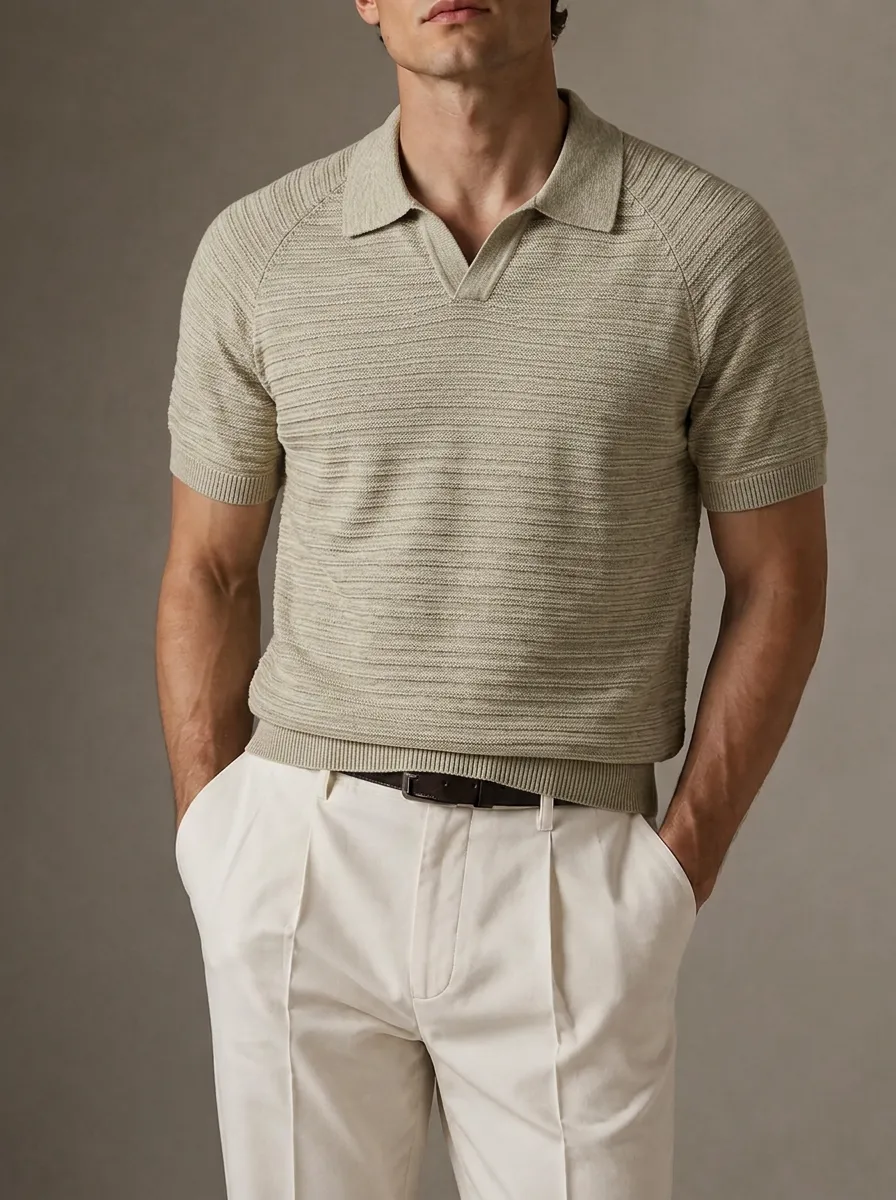 Men's Textured Knit Polo Shirt with Open Collar and Raglan Sleeves