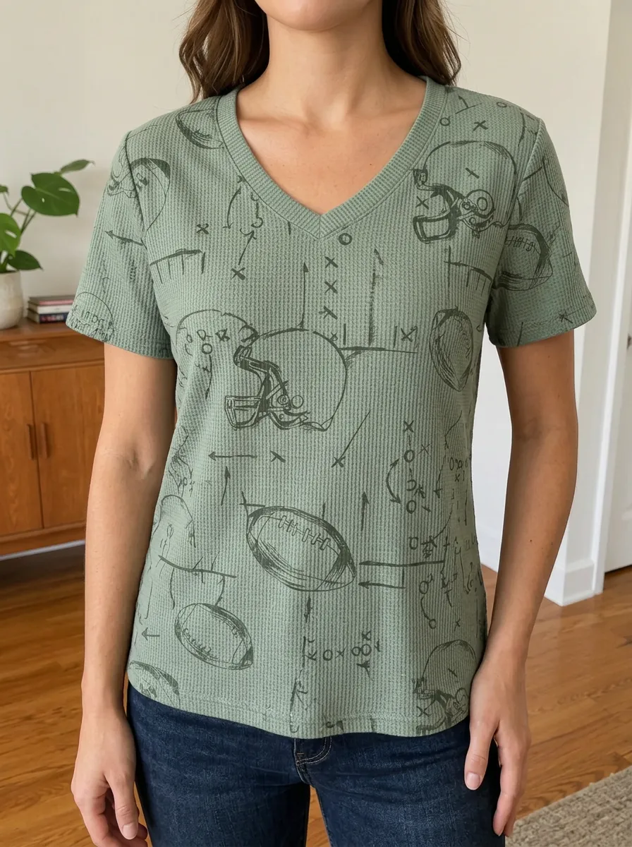 Women's Game Day Football Fan Helmet Playbook Printed Waffle V-Neck Top
