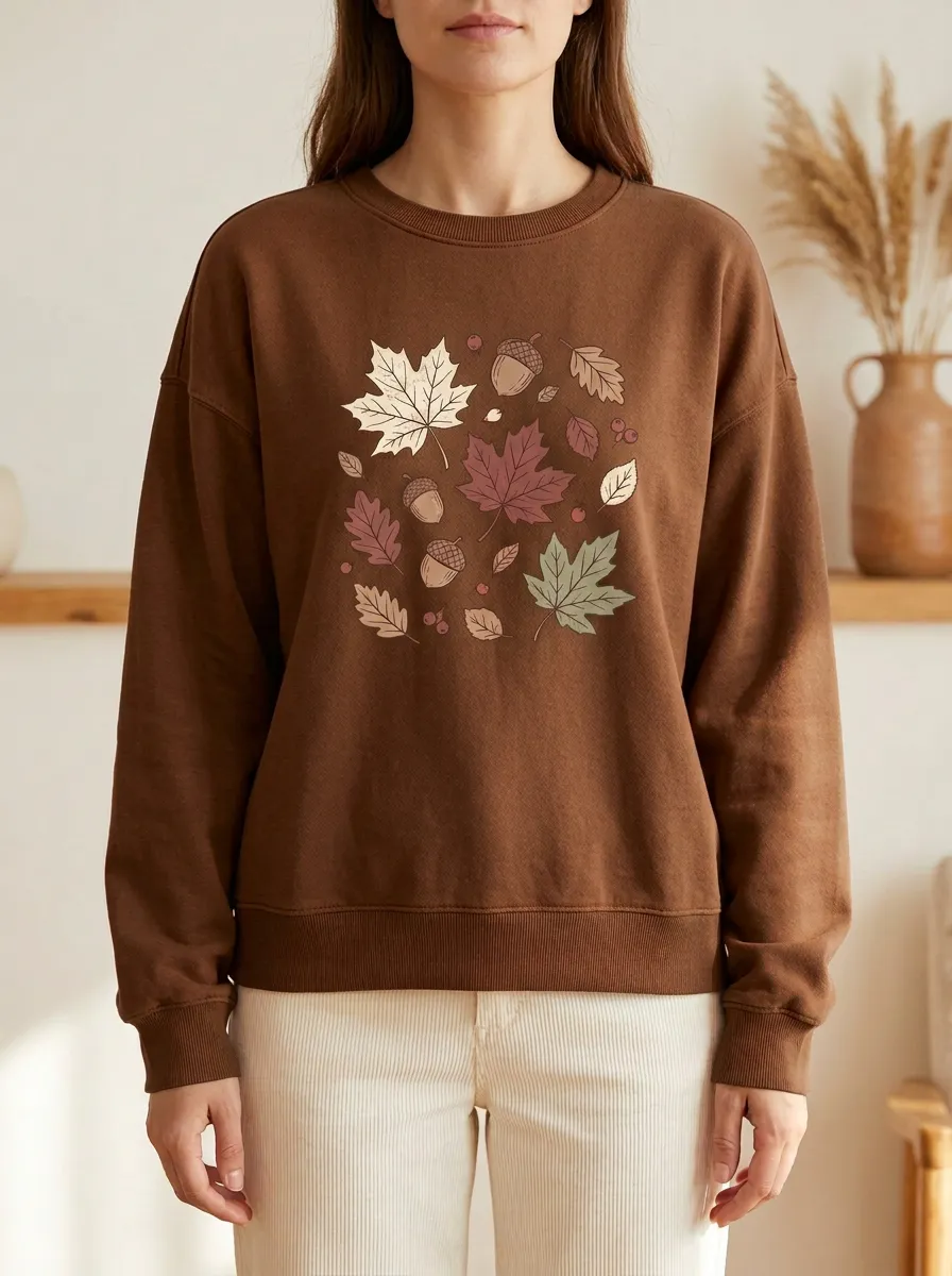 Textured Maple-Leaf Printed Acorn Graphic Sweatshirt