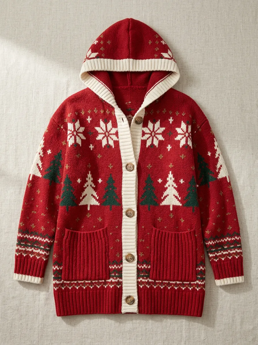 Christmas Snowflake Pine Tree Pattern Knit Hooded Cardigan