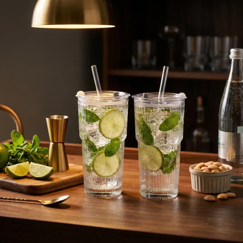 Ribbed Glass Tumbler With Straw And Lid