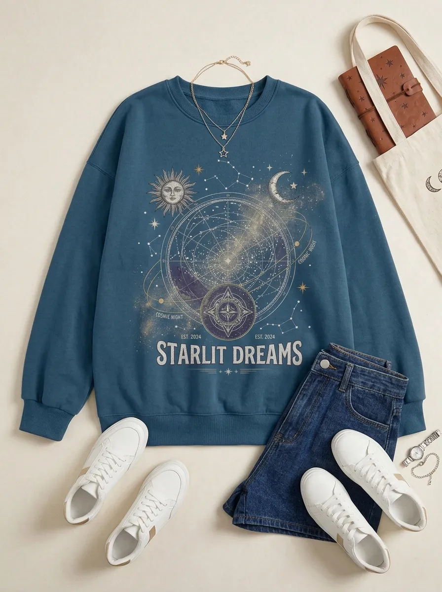 Women's Celestial Starlit Dreams Sun Moon Constellation Printed T-shirt