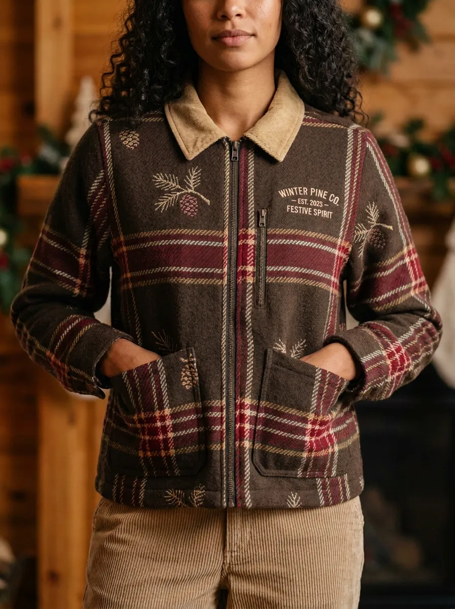 Christmas Pine Cone Plaid Print Jacket