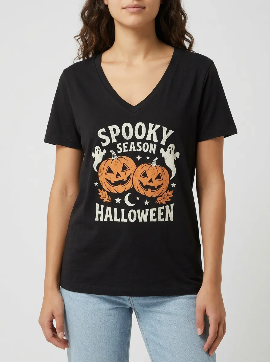 Women's Halloween Spooky Season Pumpkin Ghost Printed V-neck T-shirt