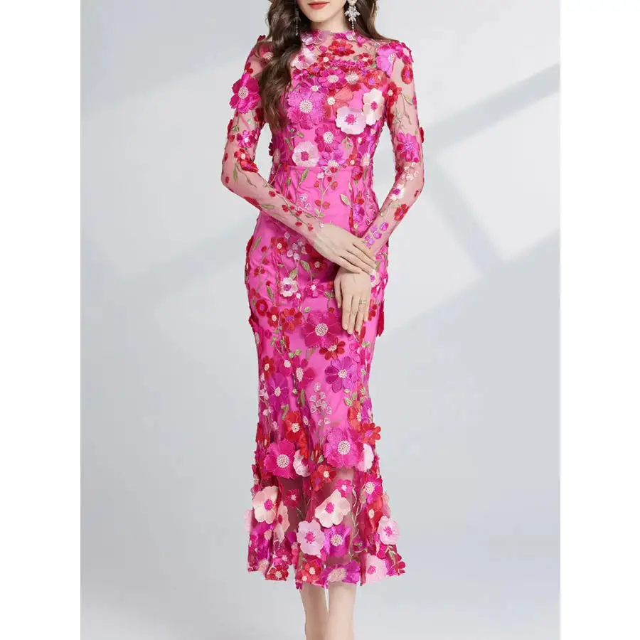 Embroidered Mesh Long Sleeve Midi Dress