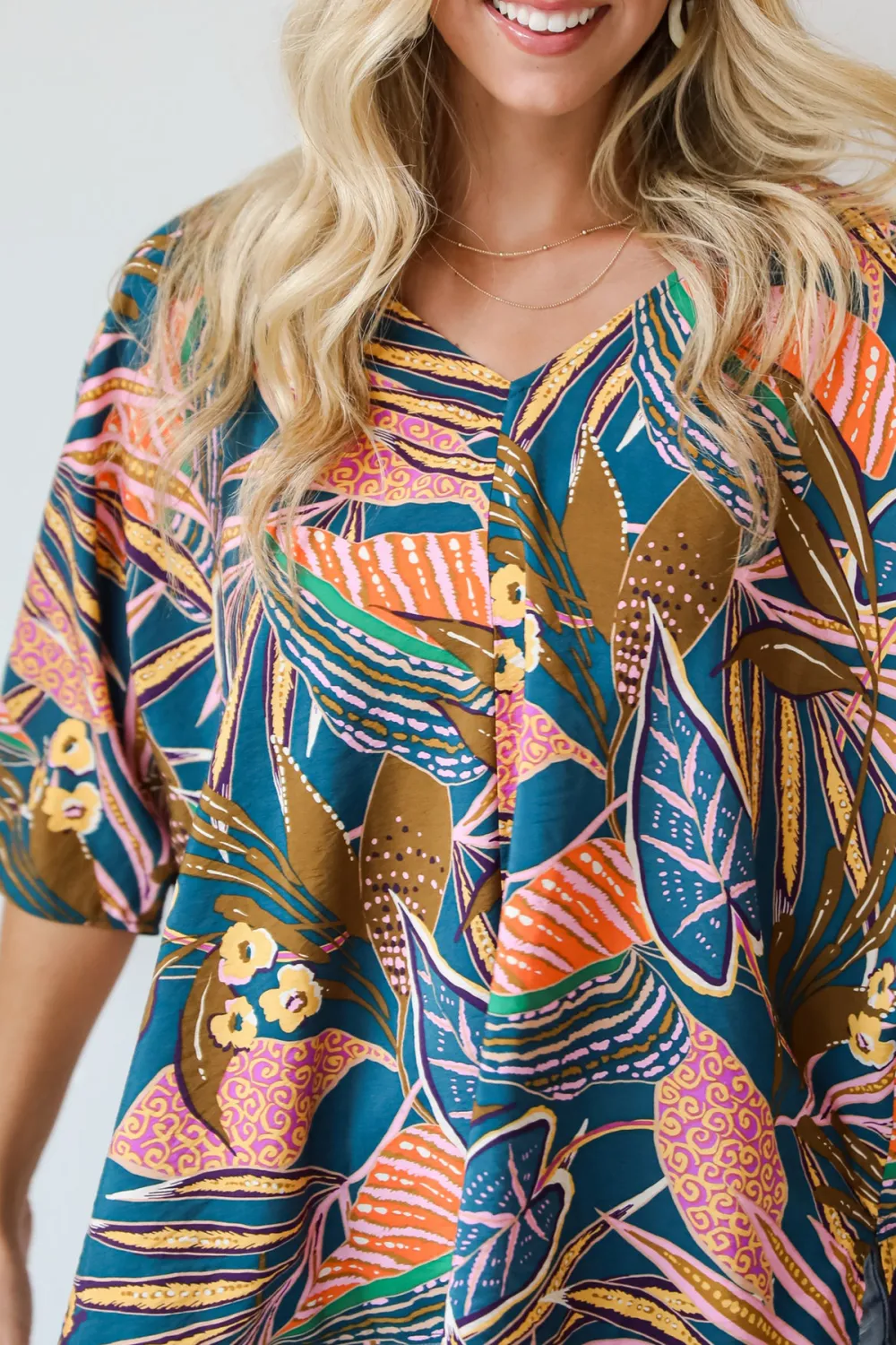 Teal Leaf Print Oversized Blouse