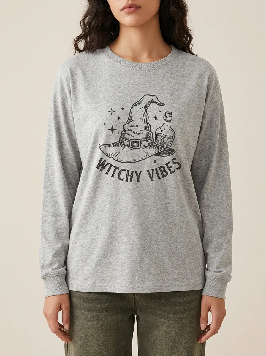 Women's Halloween Witchy Vibes Witch Hat Potion Printed Long Sleeve T-shirt