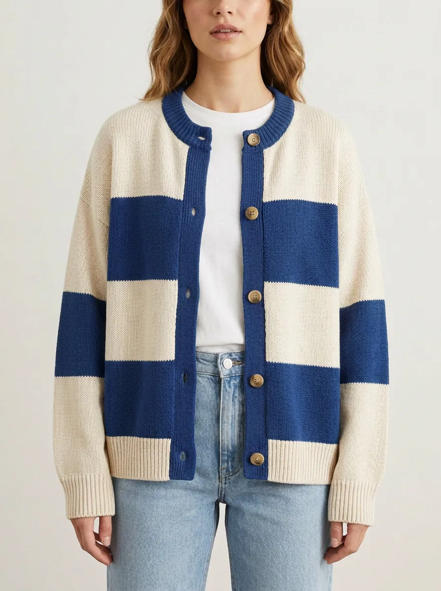 Classic Rugby Striped Button Front Knit Cardigan