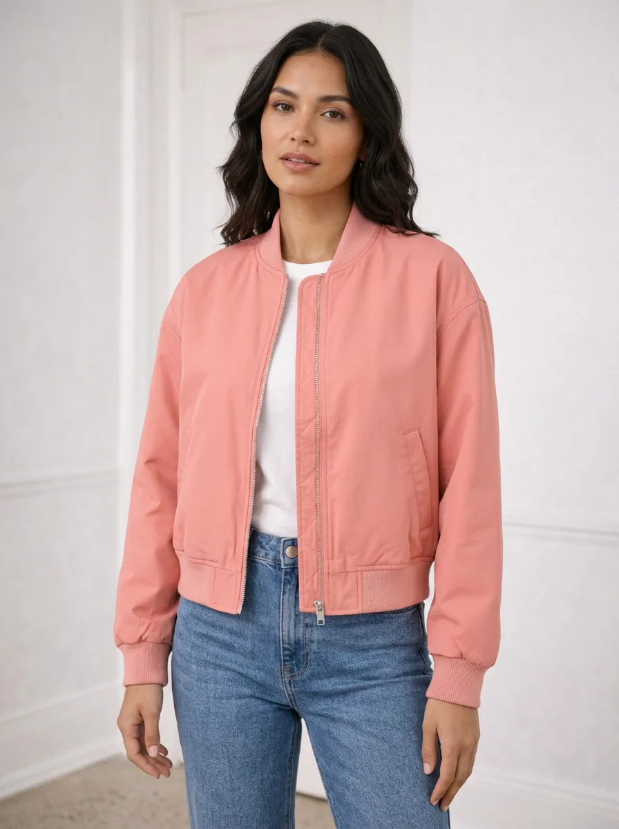 Women's Casual Pink Solid Color Zip-Up Bomber Jacket