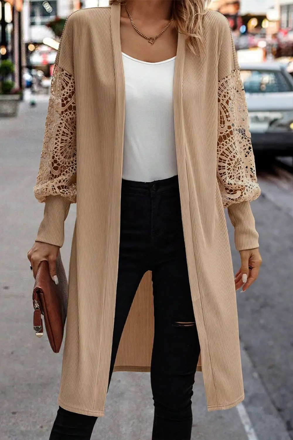 Lace Trim Ribbed Open Front Cardigan