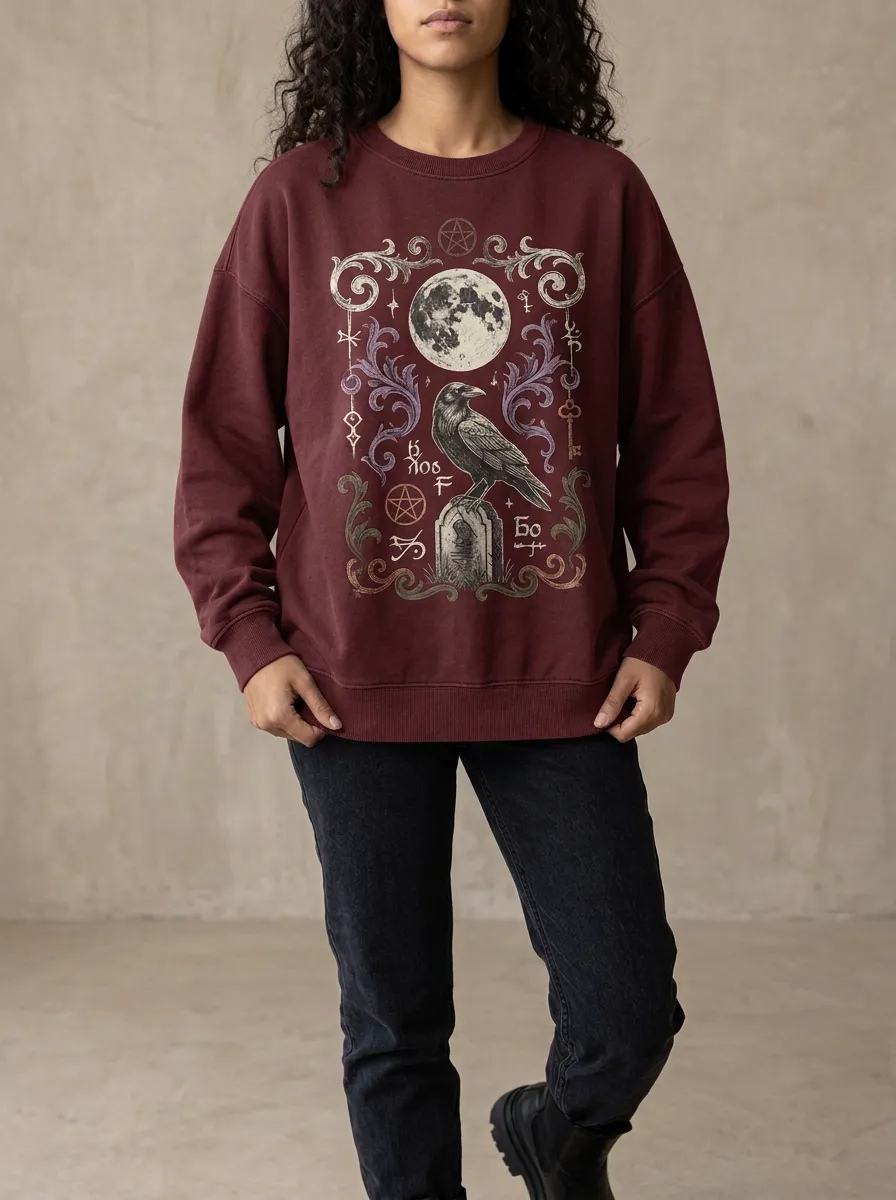 Women's Halloween Gothic Raven Moon Printed Sweatshirt